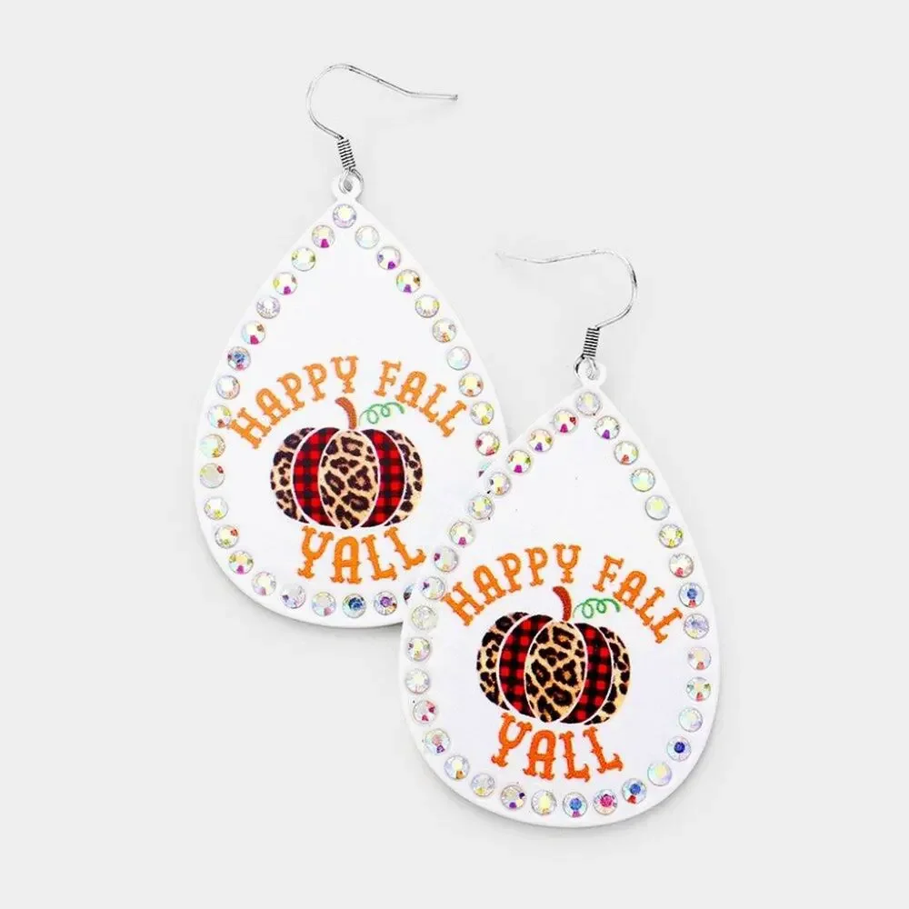 Happy Fall Yall White Metal Teardrop Earrings Buffalo Plaid/Animal Print Pumpkin